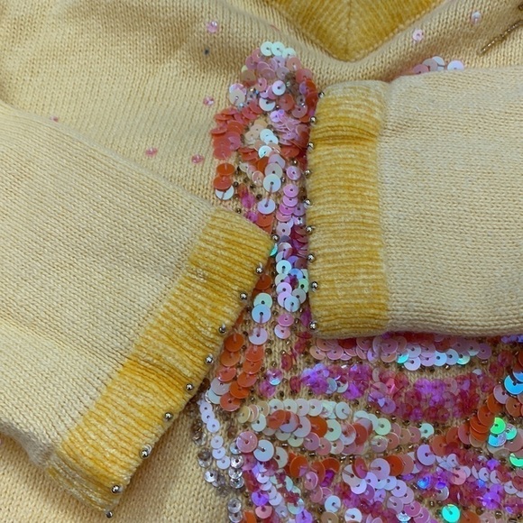 THE QUACKER FACTORY Yellow Knit Butterfly Sequin Beaded V-neck Sweater Y2K Style - Picture 7 of 8
